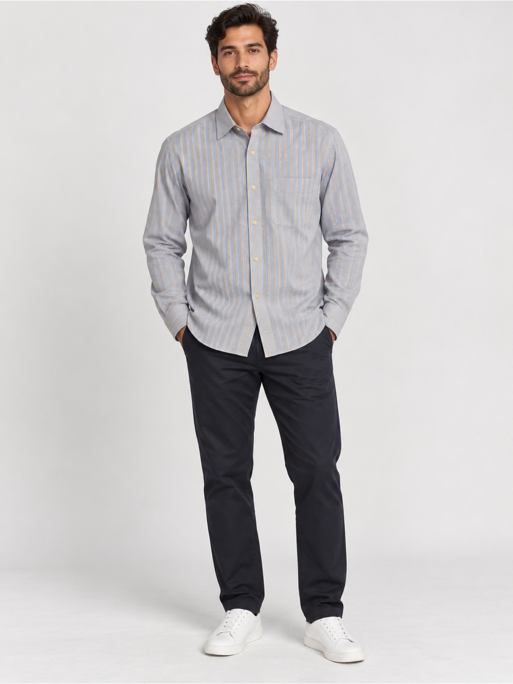 Tommy Hilfiger Men’s Blue Striped Long Sleeve Button-Down Shirt – Size 22½